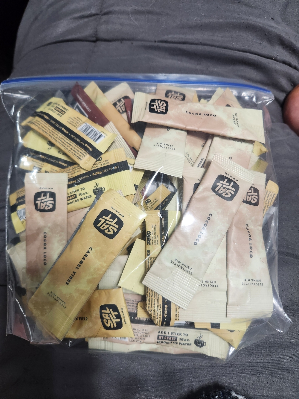 Cocoa Loco & Caramel Stick Drink Mixes — Beige and Yellow Sachet Pack
